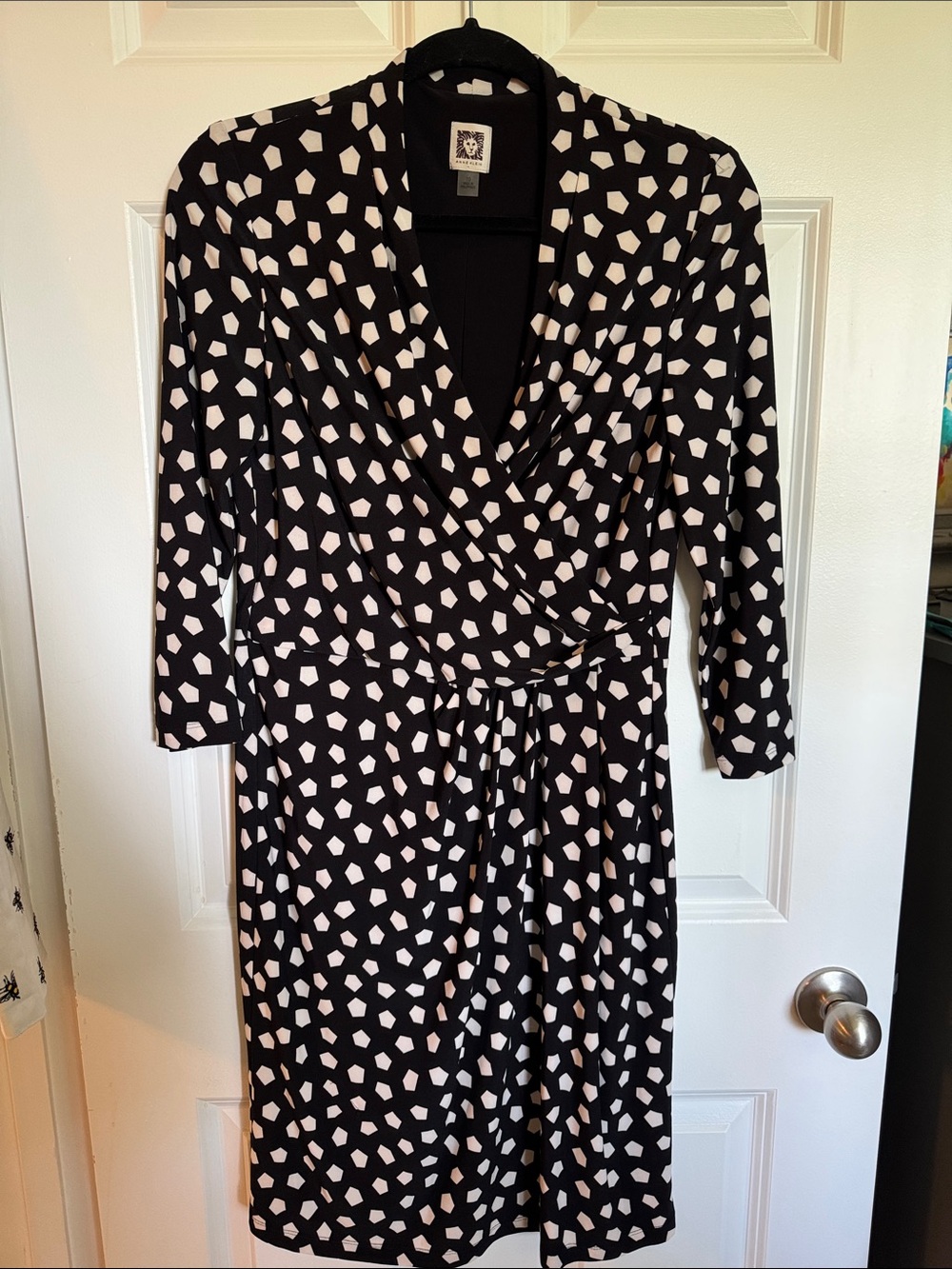 Anne Klein Black and White Geometric Wrap Midi Dress